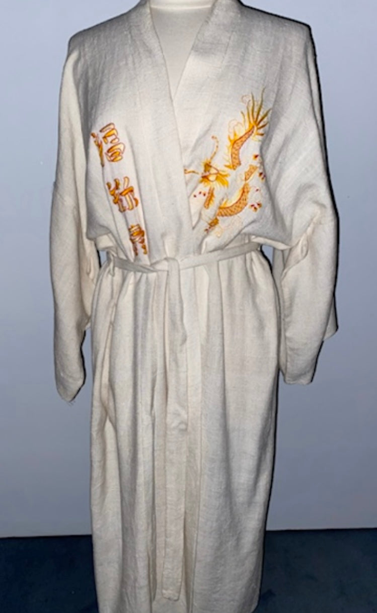 White raw silk embroidered dressing gown
