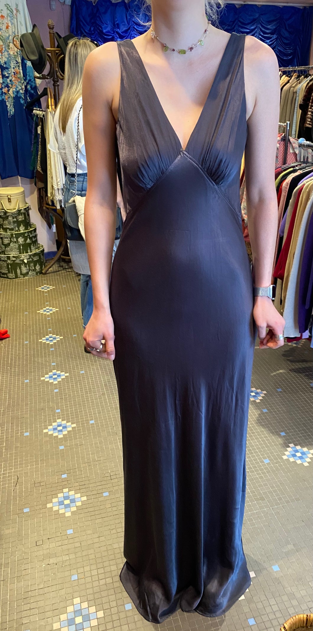 Grey satin Ghost bias cut gown