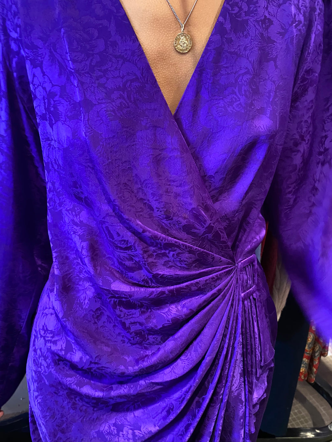 1980's purple silk wrap over dress