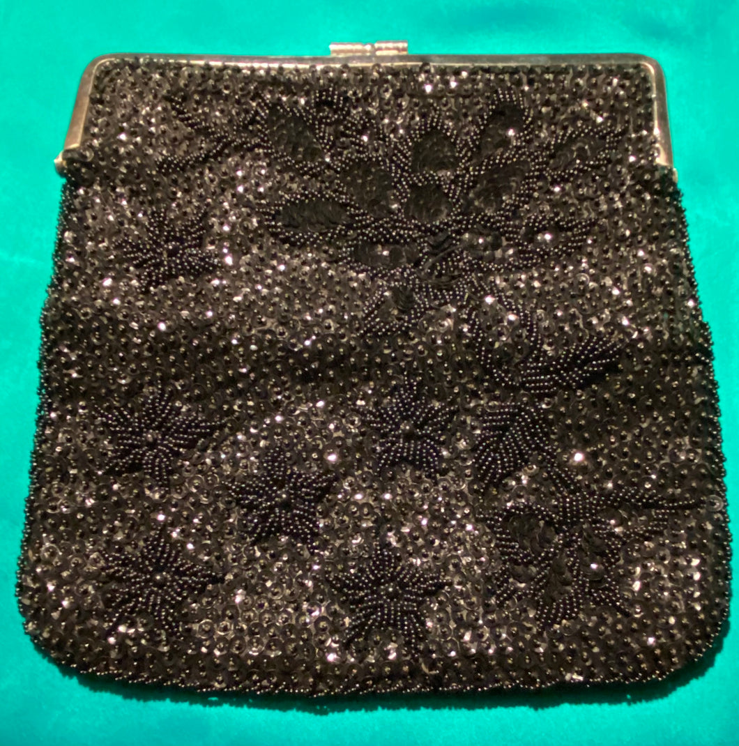 Black beaded and sequinned clutch bag