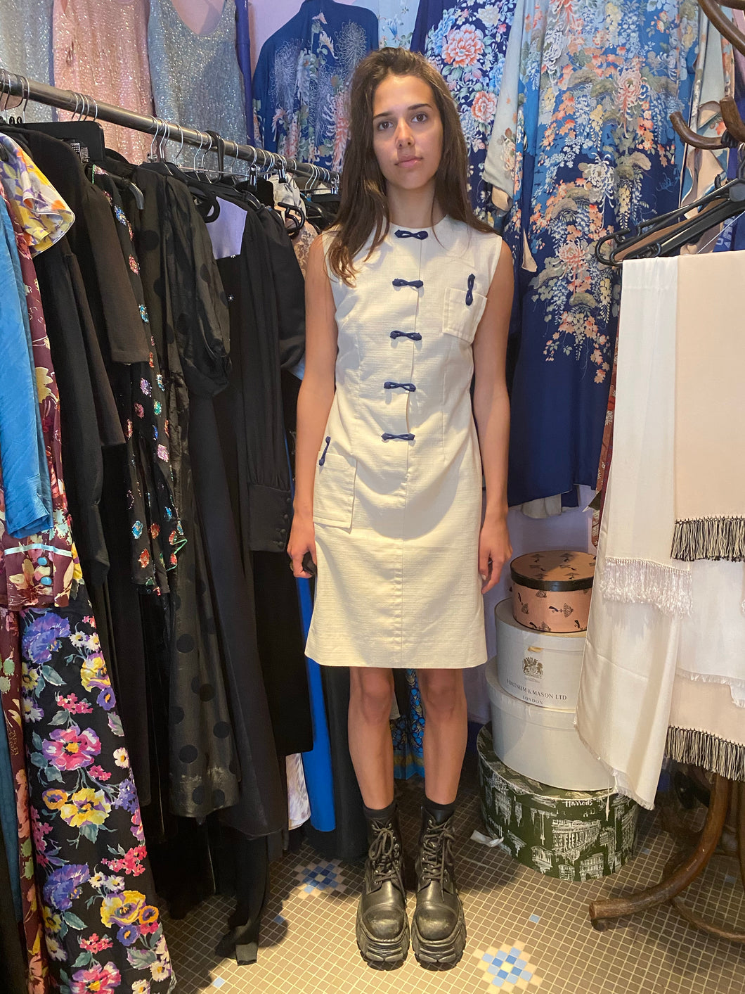 Chinese inspired white toggled dress